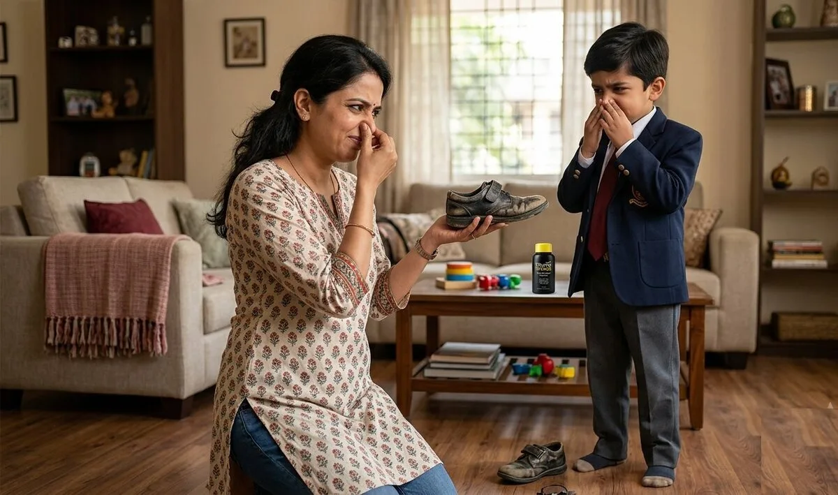A parent holds a child's worn school shoe while the child covers his nose